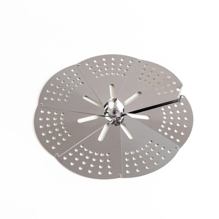 Adjustable stainless steel drop lid, a versatile kitchenware tool with foldable petals for steaming, simmering, and preventing boil-overs in various pot sizes.
