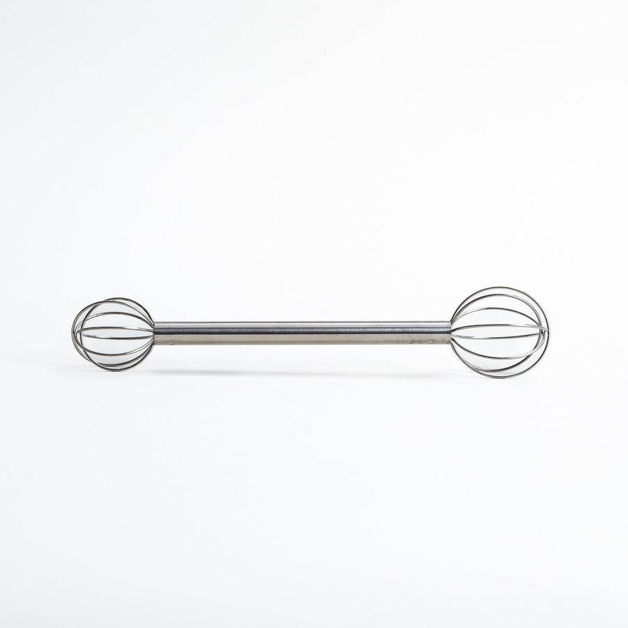 Double-ended stainless steel mini whisk with balloon-shaped heads on both sides